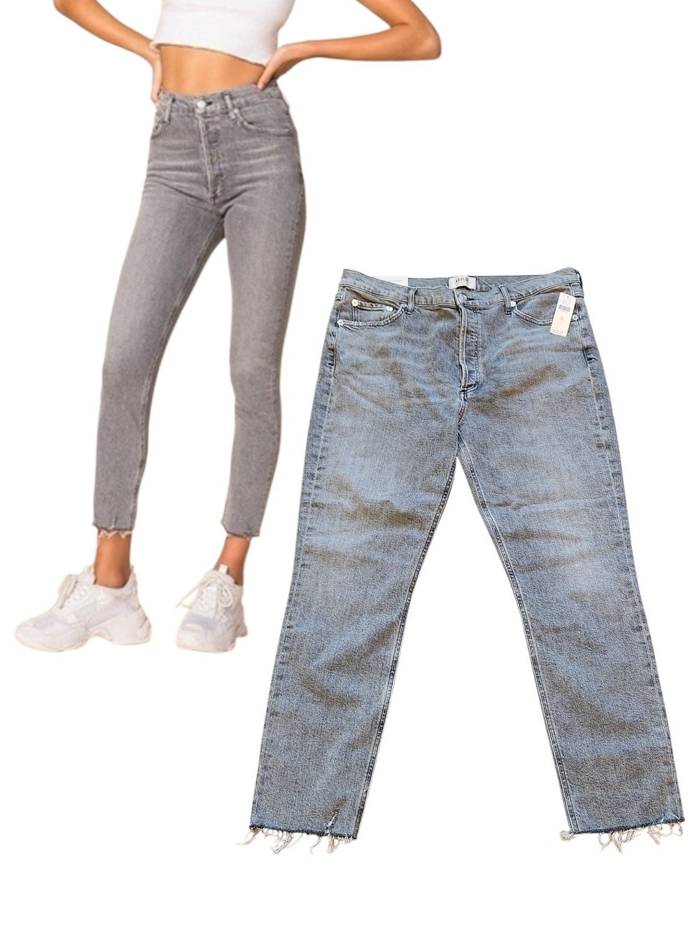 NWT Agolde Nico High-Rise Button-Fly Charcoal Risk Wash Stretch Raw Hem Jeans 32